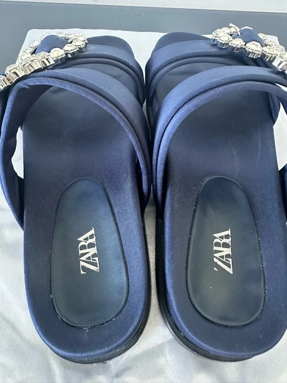 Zara Navy Satin Slide Sandals with Crystal Buckle Accents - Picture 5 of 6